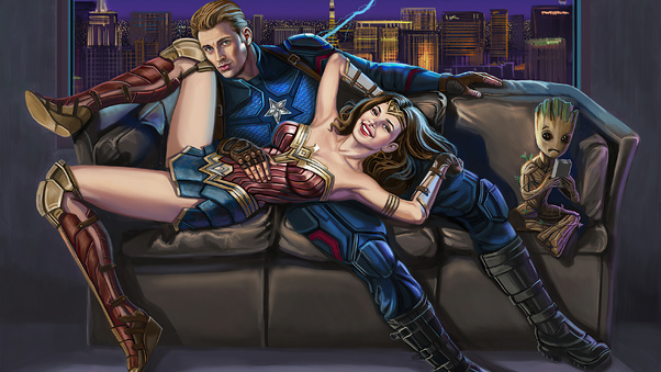 Wonder Woman And Captain America Sitting On Sofa With Baby Groot Wallpaper