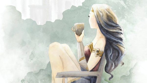 Wonder Woman Enjoying Coffee Digital Art 4k Wallpaper