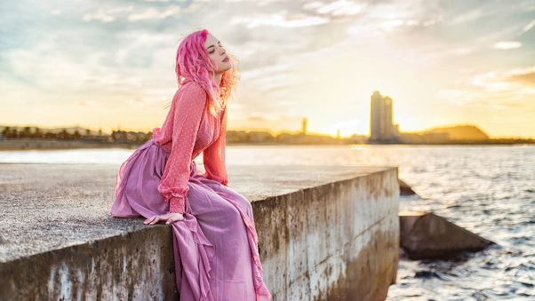 Young Girl With Pink Hair Watching Ocean Wallpaper