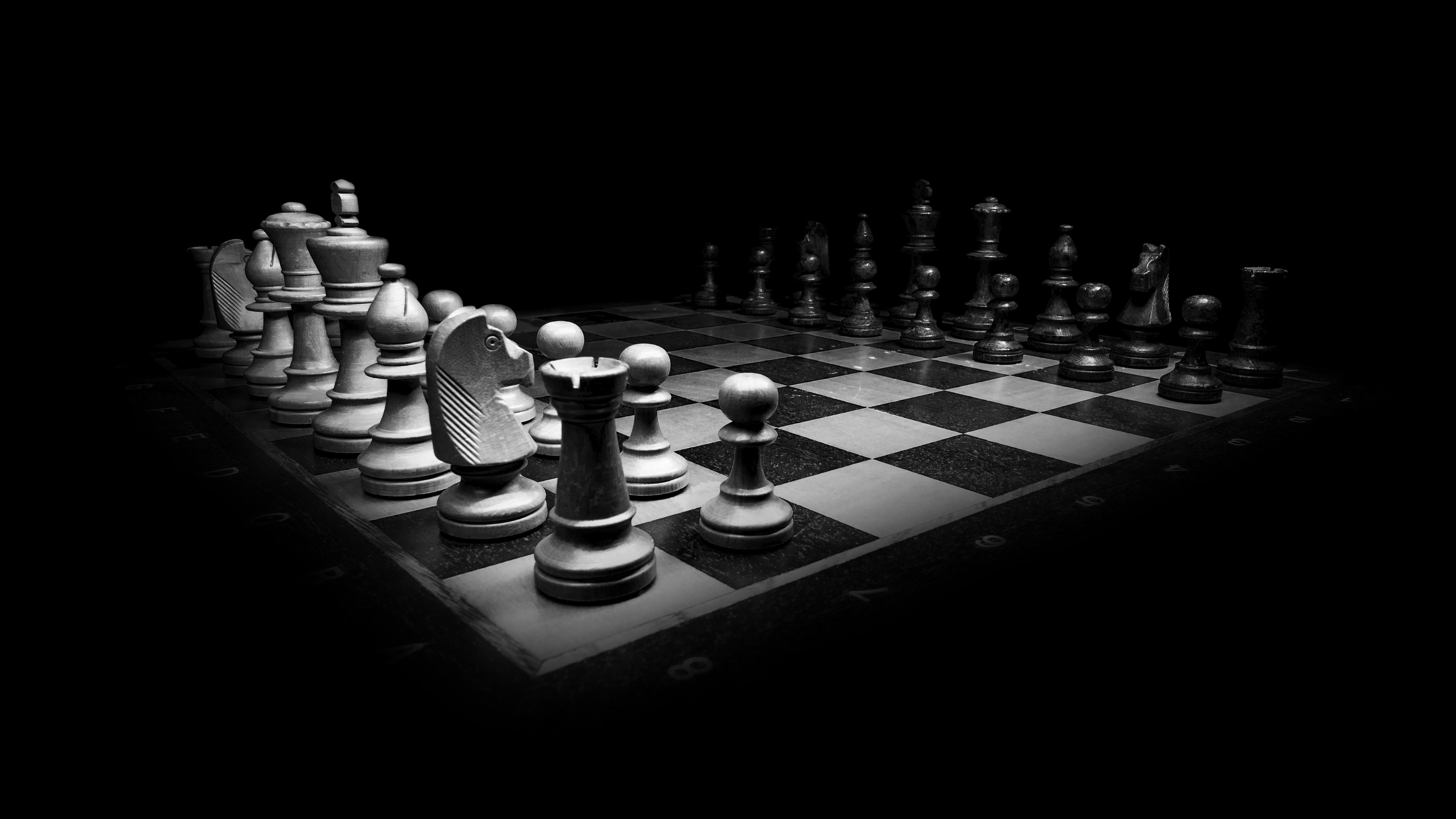 heathercooper: white chess pieces, 3d, black background, minimalistic, 8k,  UHD