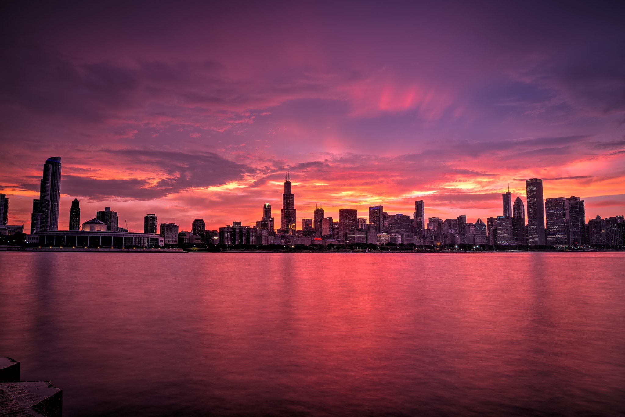 Chicago Buildings Evening Lights Skycrapper Sunrise Wallpaper,HD World