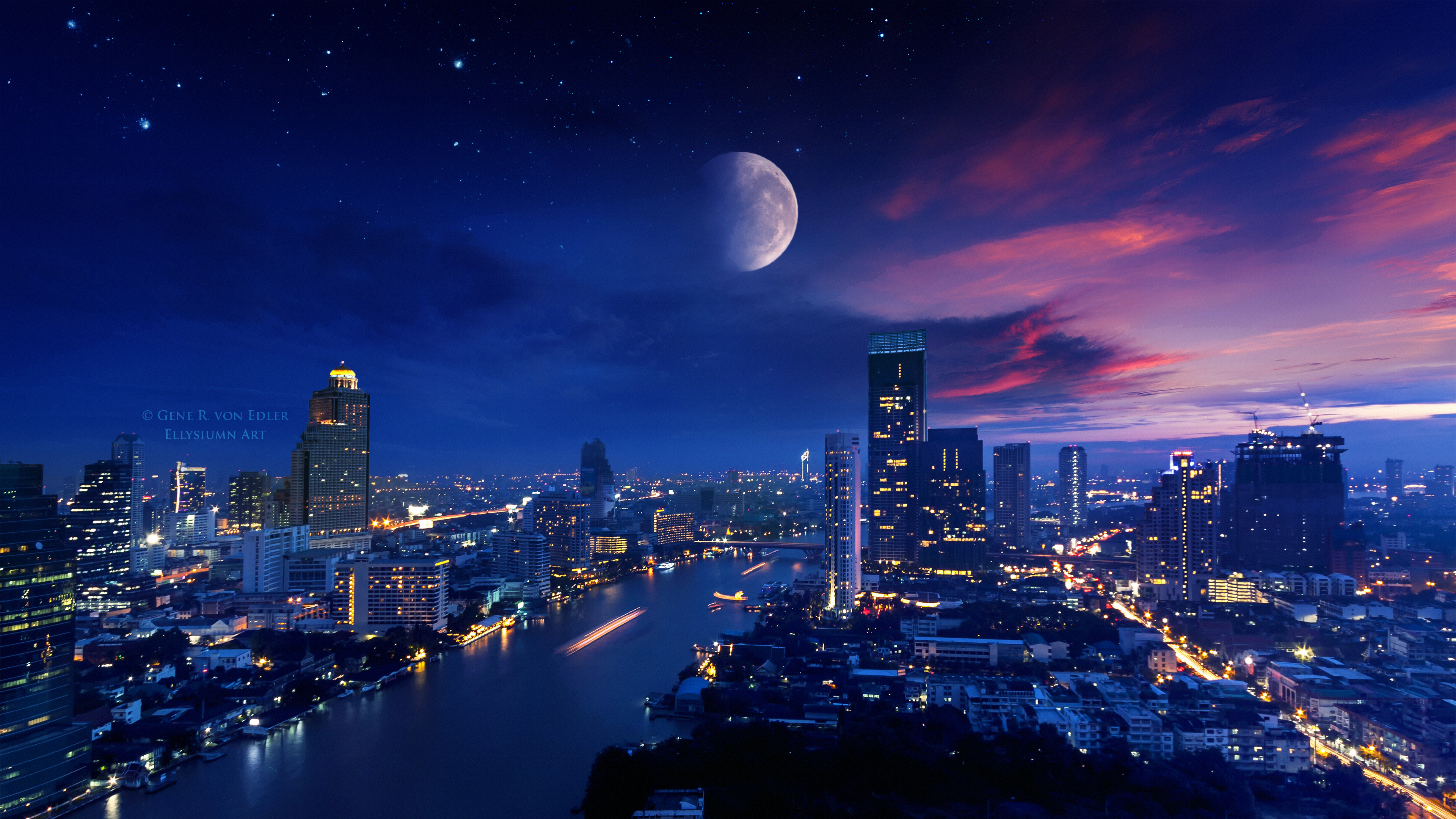 City Lights Moon Vibrant 12k, HD Photography, 12k Wallpapers, Images