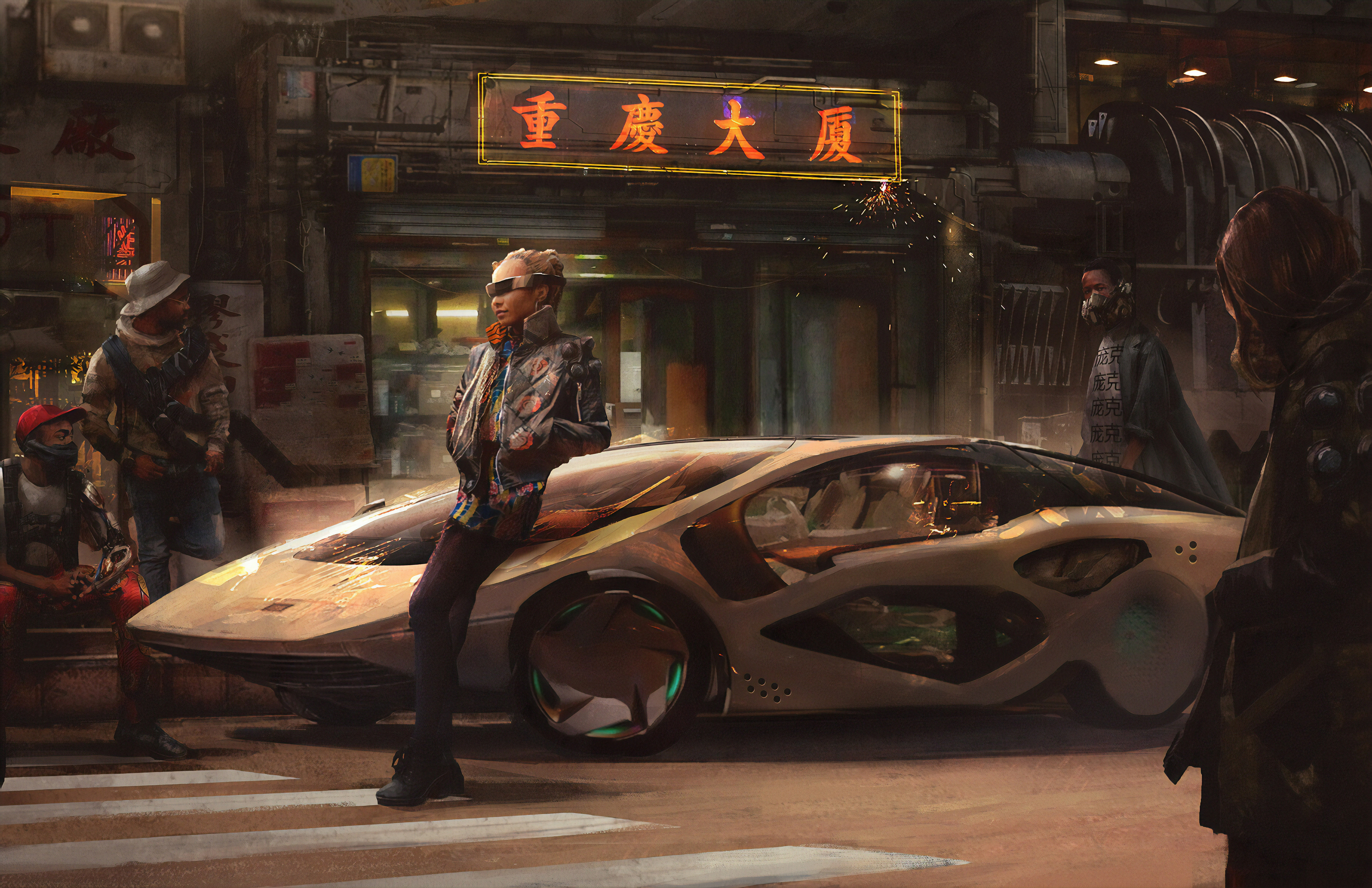 Download wallpaper 1366x768 cyberpunk 2077, a girl with car, art, tablet,  laptop, 1366x768 hd background, 19270