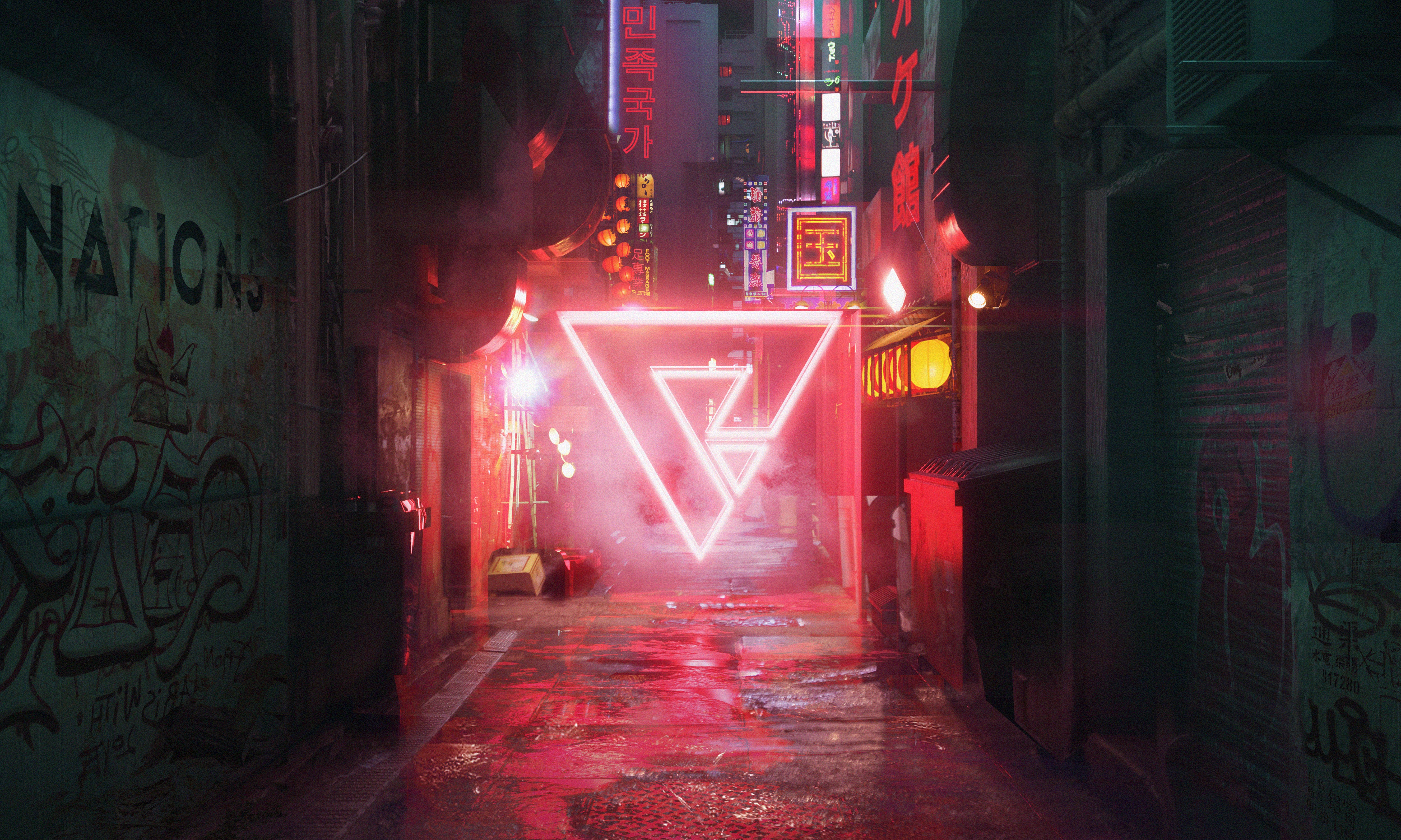 Cyberpunk Street Neon Abstract Triangle Art 5k, HD Photography, 4k
