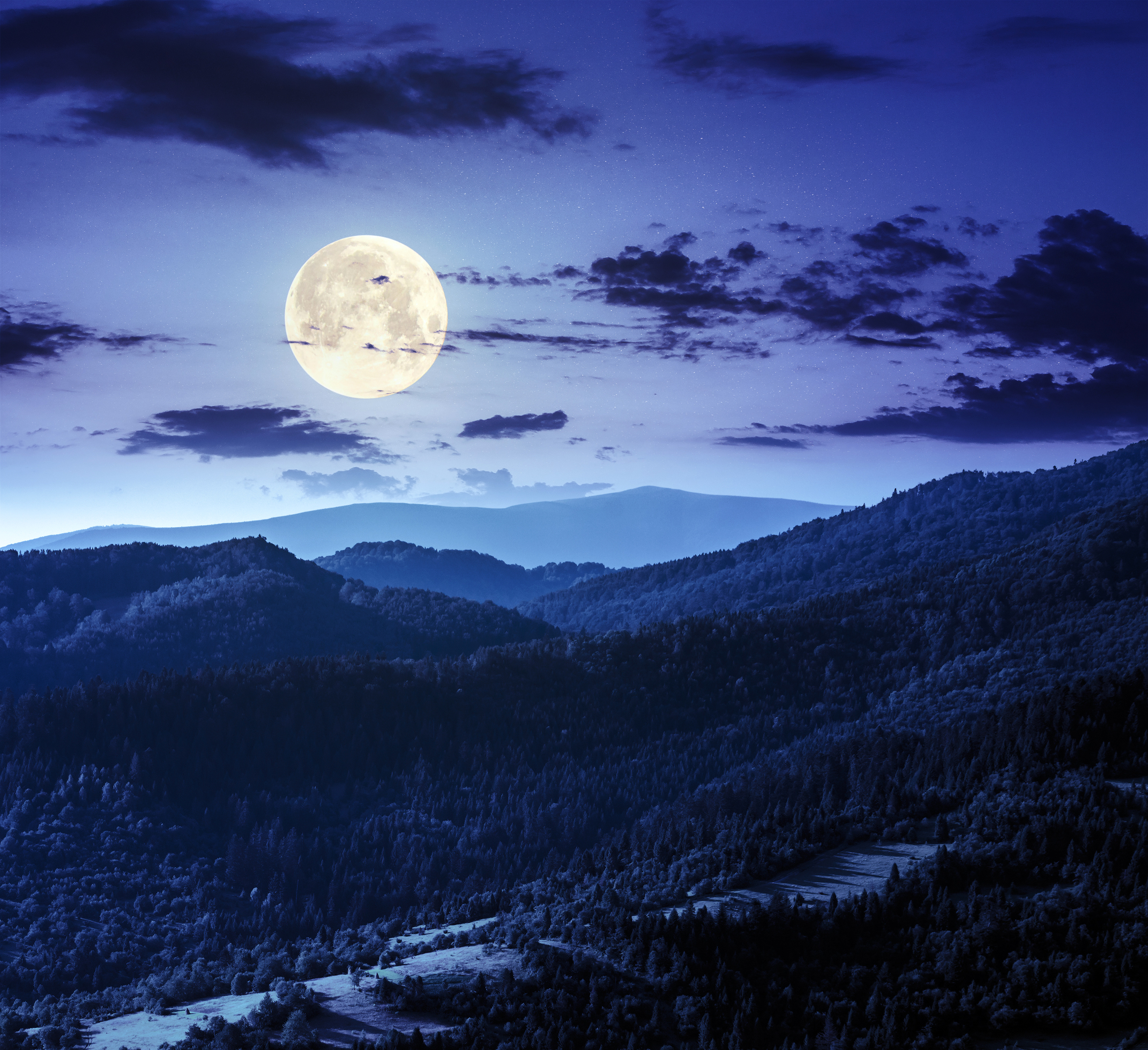 Night Time Nature Landscape With Full Moon