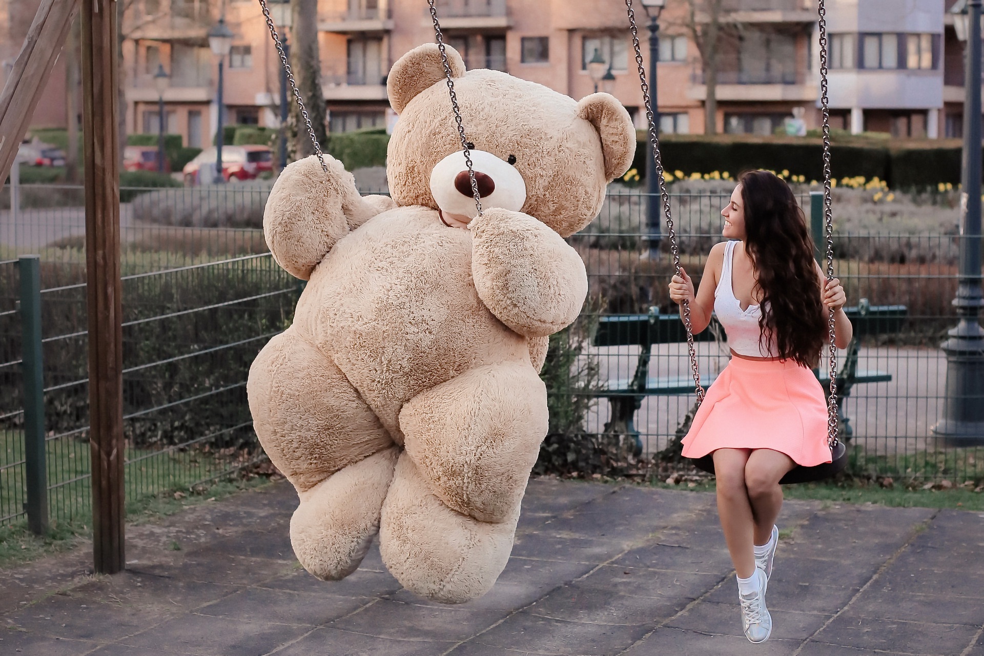 Girl With Big Teddy Bear On Swing Wallpaper Hd Girls Wallpapers 4k Wallpapers Images Backgrounds