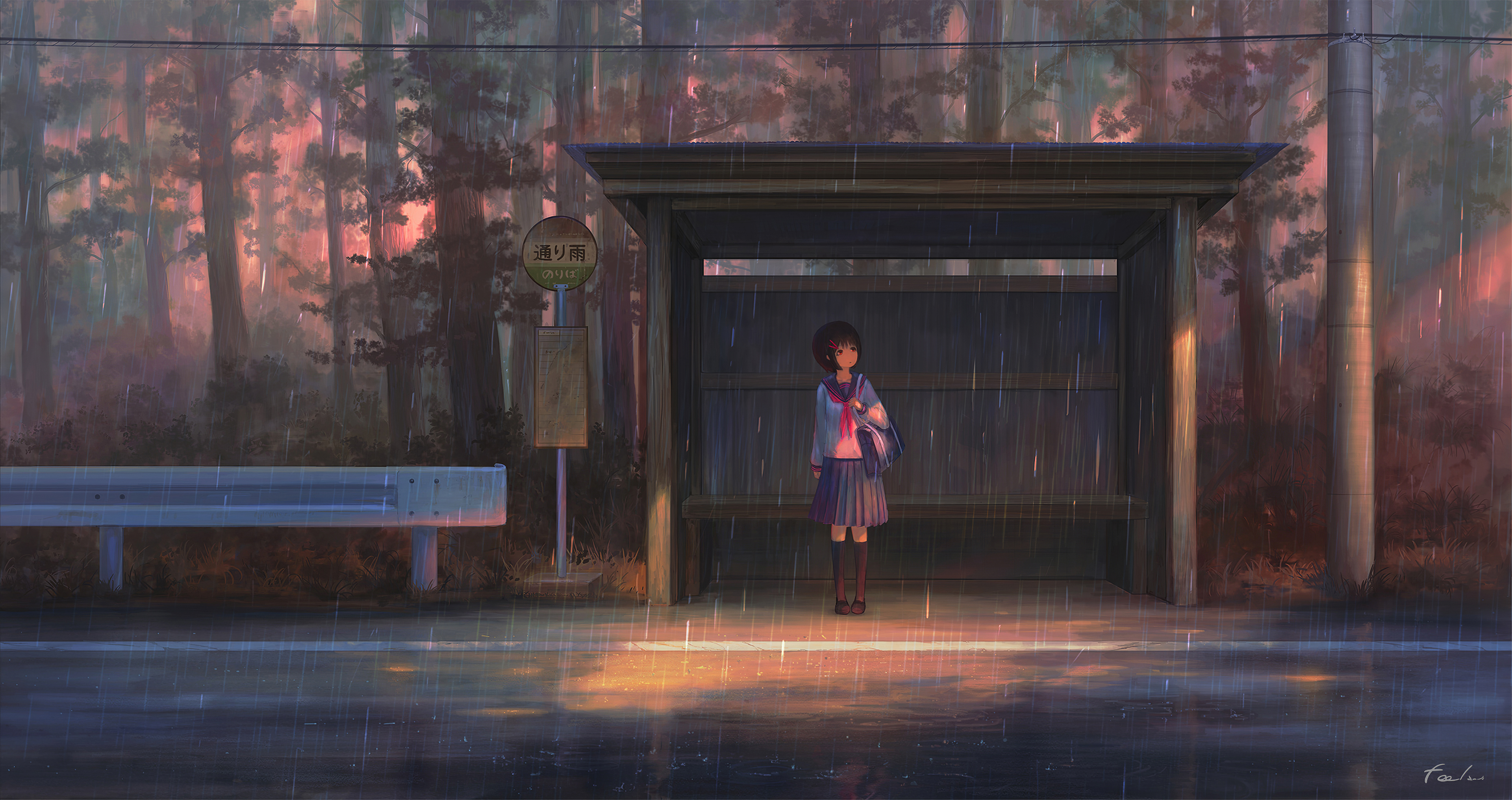 Anime Sky Raining Umbrella 4K Wallpaper 42370