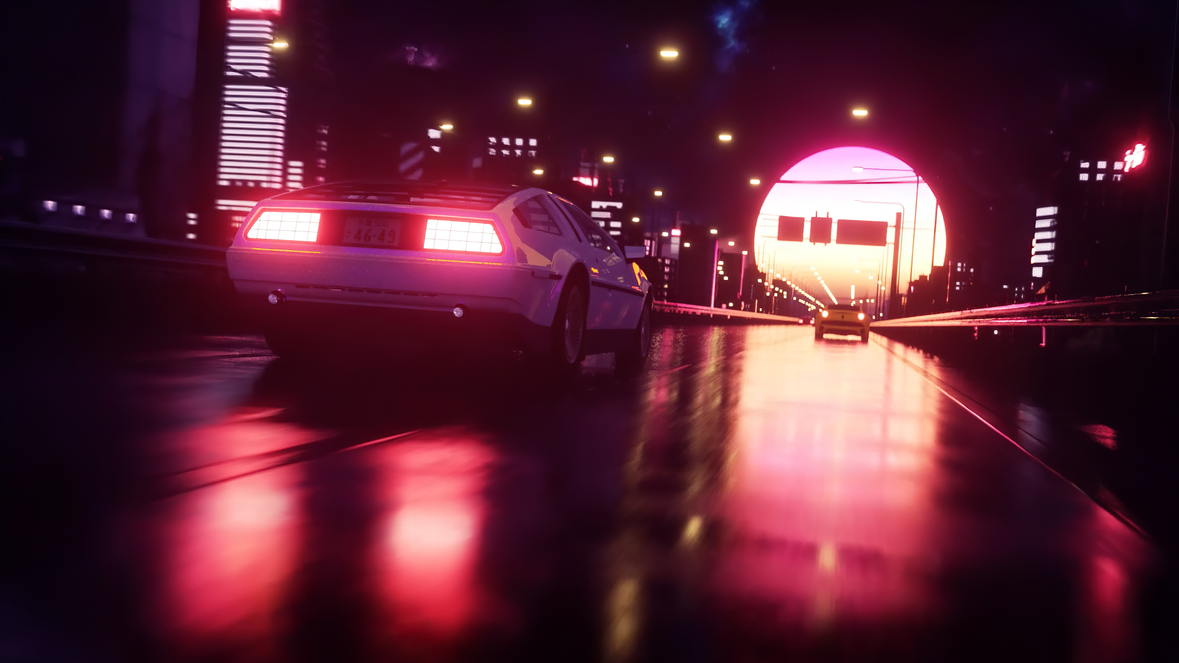 Download wallpaper 1366x768 cyberpunk, outrun, vaporwave, car on road, art,  tablet, laptop, 1366x768 hd background, 24495