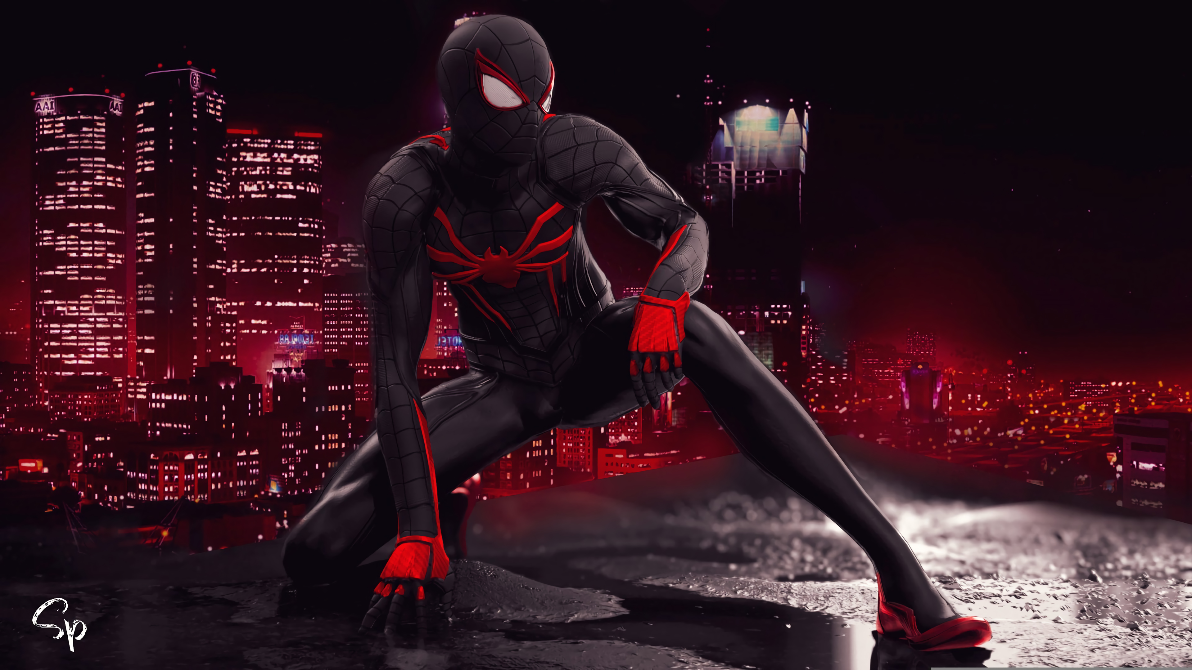 Игра красный паук. Человек паук Майлз Моралес черный костюм. Майлз Моралес человек паук красный.