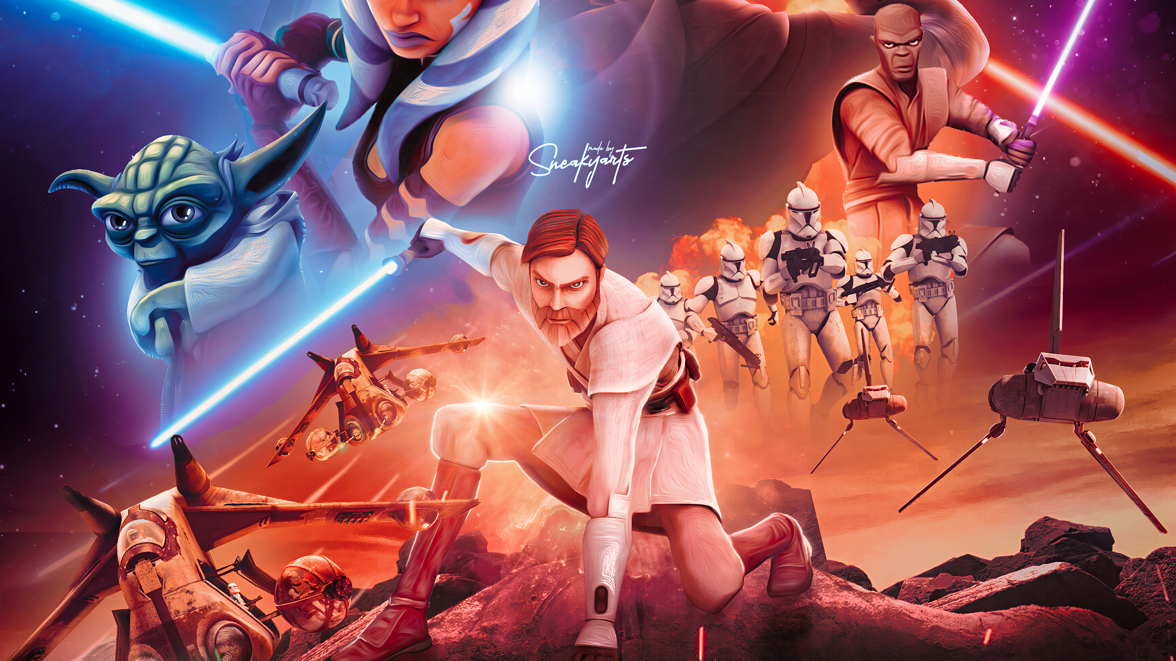 Cùng khám phá trận chiến không gian huyền thoại đầy màu sắc với Star Wars Clone Wars 4k! Hình ảnh sắc nét, đậm chất khoa học viễn tưởng, chắc chắn sẽ khiến bạn không khỏi phấn khích.