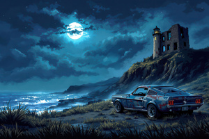 1967 Mustang Under Ruined Lighthouse Wallpaper