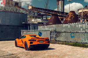 2022 Orange C8 Corvette Miami 8k Wallpaper
