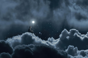 A Boy Holding The Moon Balloon Sitting On The Clouds (1280x800) Resolution Wallpaper