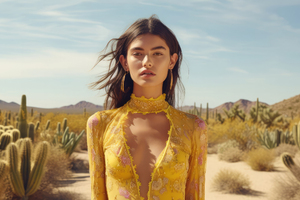 A Girl Standing Alone In The Desert Wearing A Vibrant Yellow Dress (2560x1080) Resolution Wallpaper