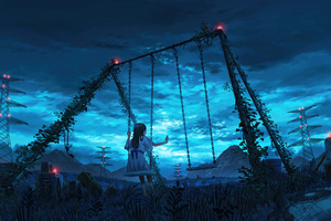 A Lone Anime Girl On Swing (5120x2880) Resolution Wallpaper