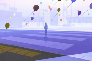 A Lone Figure And Drifting Balloons (1366x768) Resolution Wallpaper