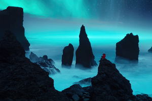 A Person Sitting On Rocks Aurora Bliss 5k (2932x2932) Resolution Wallpaper