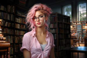 A Pink Haired Girl With Glasses In The Library (1336x768) Resolution Wallpaper
