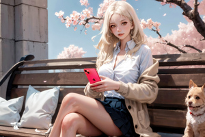 A Schoolgirl S Restful Moment With Smartphone In Cherry Blossom Whispers (1024x768) Resolution Wallpaper