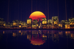 Abstract City Retro Sunset Night 4k (2560x1024) Resolution Wallpaper