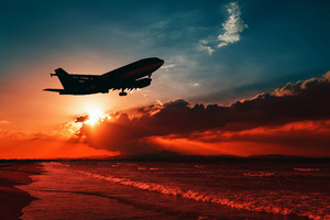 Airplane Flying Over Beach Shore Sunset 5k (1280x1024) Resolution Wallpaper
