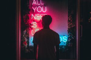 All You Need Is Love And Friends Neon Man Standing 5k (5120x2880) Resolution Wallpaper