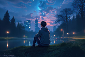 Alone Boy Midnight Thoughts By The Lake (2048x2048) Resolution Wallpaper