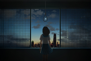 Alone Girl Looking Out At A City Skyline (7680x4320) Resolution Wallpaper
