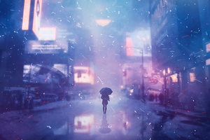Alone Girl On Street With Umbrella