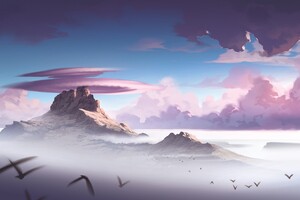 Alpha Mountains Down Birds Clouds Digital Painting 4k