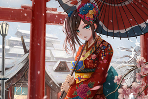 Ancient Asian Girl With Umbrella 4k (2048x2048) Resolution Wallpaper