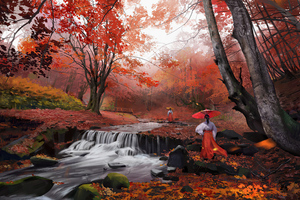Ancient Asian Girls Morning Walk In Autumn 4k Wallpaper