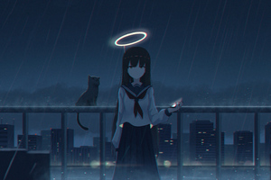Angel Anime Girl School Uniform Cat Rain Wallpaper