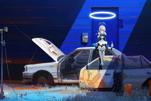 Anime Angel Girl Sititng On Car 5k Wallpaper