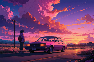 Anime Boy And His Car (2880x1800) Resolution Wallpaper
