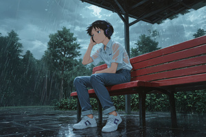Anime Boy Sitting On A Bench Listening To Headphones In The Rain (1366x768) Resolution Wallpaper