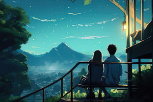Anime Couple Sitting On Bench Looking At Landscape (2048x1152) Resolution Wallpaper