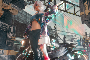 Anime Cyber Girl Sword And Bike