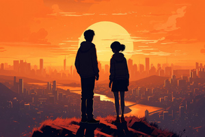 Anime Girl And Boy Watching Sunset 4k (1600x900) Resolution Wallpaper