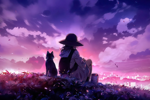 Anime Girl And Cat Watching The Sunset (1920x1200) Resolution Wallpaper