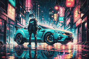 Anime Girl And Her Mercedes In The Neon Cityscape Wallpaper