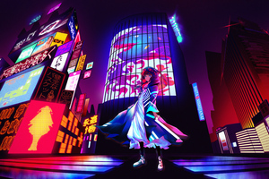 Anime Girl Billboard Neon City 4k