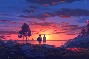 Anime Girl Boy Sunset At Lake 5k Wallpaper