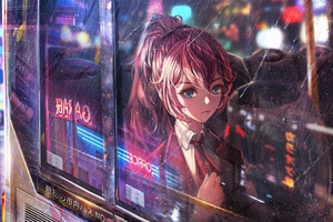 Anime Girl Bus Window Neon City 4k