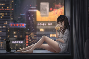 Anime Girl Cat Raining 4k