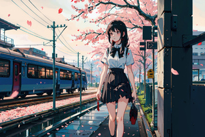 Anime Girl Cherry Blossom Train Looking Away 4k Wallpaper