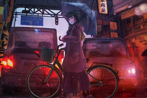 Anime Girl Cyle Rain Umbrella (2560x1600) Resolution Wallpaper