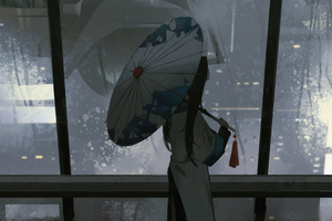 Anime Girl Dark Night Umbrella Raining 4k