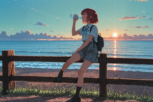 Anime Girl Drinking Water Sitting On A Fence (1280x720) Resolution Wallpaper