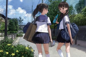 Anime Girl Going School In Uniform (1336x768) Resolution Wallpaper